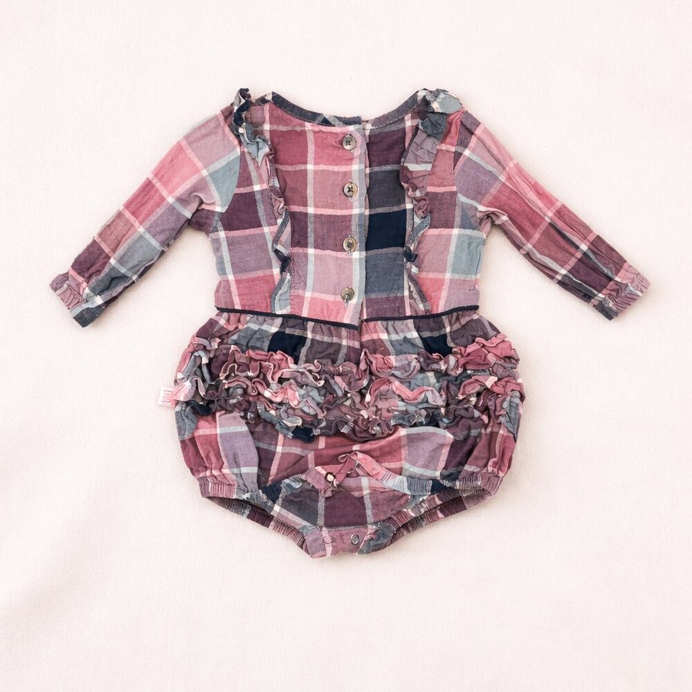 RuffleButts Baby Girl Plaid Waterfall Bubble Romper | 6–12 Months